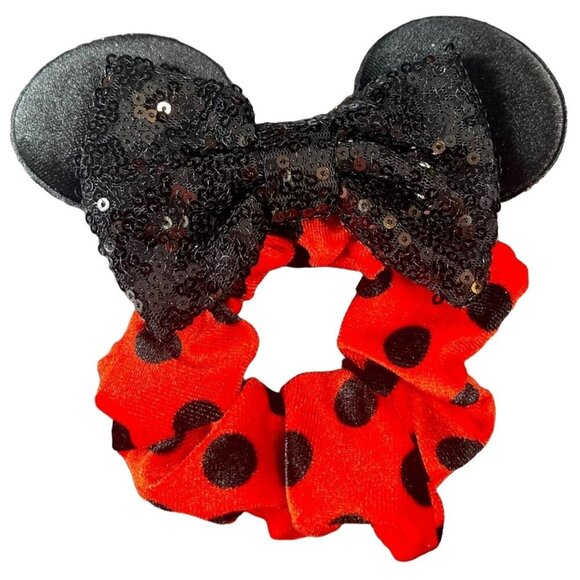 Minnie Mouse Hair Scrunchies Polka Dot Hair Rubber Band Velvet Ears Sequins - Picture 1 of 8